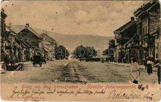 1902 Fehértemplom, Ung. Weisskirchen, Bela Crkva; utcakép, üzletek, piac. Th. Hepke's Nachfl 1469. / street view, shops, market (felületi sérülés / surface damage)