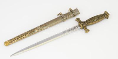 Fantázia tőr, római jellegű, florális és egyéb motívumokkal gazdagon díszített fém markolattal, hüvellyel, h: 38 cm