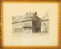 Tichy Kálmán (1888-1968): Reggel a Tárnok utcán (Budai vár), 1960. Rézkarc, papír. Jelzett. Üvegezett fakeretben, lapszéli néhány nagyon kevés apró folttal. 21×28,5 cm