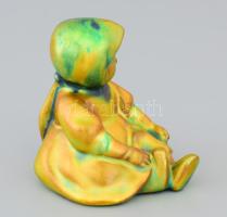 Zsolnay kisplasztika - üldögélő kendős kislány kosárral. Terv.: Sinkó András, eozin mázakkal festett...