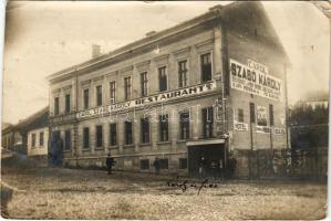 Székelyudvarhely, Odorheiu Secuiesc; Szabó Károly étterme, bor, szesz és ásványvíz raktára, szálloda, a tulajdonos levelével, saját kiadás / Carol Szabó restaurant, hotel, with the owner's letter. photo (szakadás / tear)
