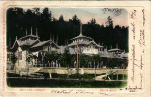 1903 Bártfafürdő, Bardejovské Kúpele, Bardiov, Bardejov; New York vendéglő, étterem. Eschwig Ede F. kiadása, Hajts Kornél felvétele / restaurant (EB)