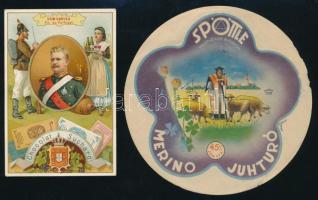 cca 1930 Merino Juhturó, Spöttle Testvérek Budafok. Reklám címke, papír. Piatnik fotooffset, Bp. d: 12 cm. Egészen apró sérülésekkel a szélén. + cca 1900 Suchard csokoládé gyűjtőkártya
