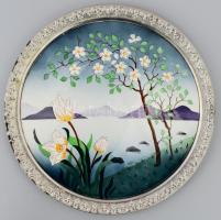 Szecessziós stílusú fajanszbetétes kínálótál, kopással, d: 23 cm