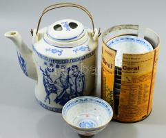 Kínai teás kanna + 9 csésze rízsszem mintás, jelzett, kanna 17 cm