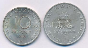 1948. 10Ft Ag "Széchenyi" + 20Ft Ag "Táncsics" T:AU, XF patina Adamo EM2, EM3