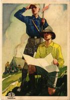 Indanthren textilfesték reklámlap cserkészekkel, mosás és időjárásálló viselet / Indanthren textile paint advertisement card with boy scouts. artist signed (EK)