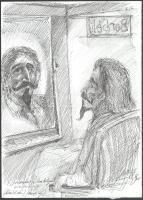 ZéKovács József (Zé Kovács Jozsef, 1951-): Cervantes a borbélynál, 2021. Tus, toll, papír, jelzett, 35×25 cm