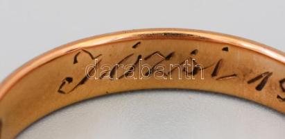 Arany (Au) gyűrű, 14k, 1929-es dátummal gravírozva, jelzett, mesterjeggyel, m: 52, nettó 2,7g