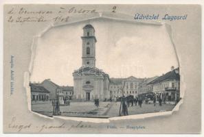 1902 Lugos, Lugoj; Fő tér, templom, üzletek, piac. Kiadja Auspitz Adolf / main square, church, shop, market