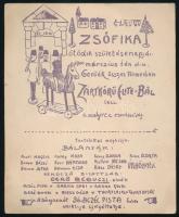 1900 Gerő Zsófia (1895-1966), Gerő Ödön (1863-1939) műkritikus, szerkesztő, író lánya 5. születésnapjára szóló, gyerekjátékokkal illusztrált, sokszorosított meghívó, karton, törésnyommal,néhány nagyon kevés apró folttal, máskülönben jó állapotban, 21x17 cm