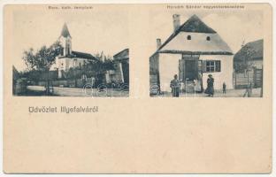 Illyefalva, Ilyefalva, Ilgendorf, Ilieni; Római katolikus templom, Horváth Sándor vegyeskereskedése, üzlet. Koszta Károly kiadása / Roman Catholic church, shop (EK)