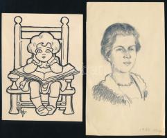 Honti Nándor (1878-1961), 2 db rajz: Gerő Zsófia (1895-1966), Gerő Ödön (1863-1939) műkritikus, író lányának fiatalkori portréja, 1920 és kislány könyvvel. Ceruza, tus, papír. Utóbbi jelzett. 14,5x8,5 és 11,5x9 cm