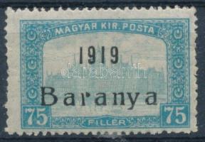 Baranya I. 1919 Parlament 75f a Baranya feliratban hiányos "r" betű, Bodor vizsgálójellel