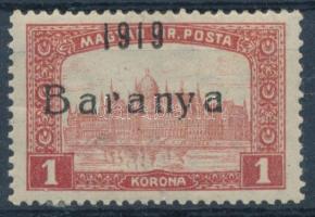 Baranya I. 1919 Parlament 1K a Baranya feliratban hiányos "r" betű, Bodor vizsgálójellel (betapadás / gum disturbance)