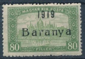 Baranya I. 1919 Parlament 80f a Baranya feliratban hiányos "r" betű, Bodor vizsgálójellel