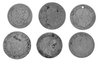 Vegyes, rossz állapotú 6db-os magyar és külföldi Ag krajcár tétel, közte Orosz Birodalom 10k Ag T:F,VG
