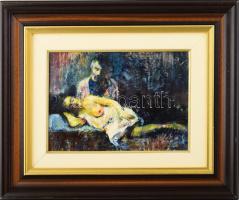 Dóka Zoltán (1954-?): Az akt és én. Olaj, farost, jelezve jobbra lent. Hátoldalán Képcsarnok Vállalat kissé hiányos címkéjével. Dekoratív fakeretben. 22×31 cm