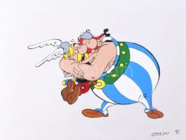 Albert Uderzo (1927-2020): Asterix és Obelix, az Asterix rajzfilm egyik jelenetének eredeti, kézzel rajzolt fázis rajza, 1992. Vegyes technika, műanyag film. Jelzett: Uderzo '92. 28x37 cm / Albert Uderzo (1927-2020): Asterix and Obelix, an original, hand-drawn phase drawing of a scene from the Asterix cartoon, with coloring, 1992. Mixed technique, plastic film. Signed: Uderzo '92. 28x37 cm