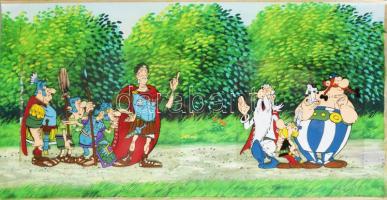 Asterix, Obelix, Ideafix, Caius Iulius Caesar és más szereplők az Asterix rajzfilm egyik jelenetének eredeti, kézzel rajzolt fázis rajza, 1980-1990 körül. Vegyes technika, két részből álló műanyag filmen és háttér akvarell, papír. Jelzés nélkül. 19x25 és 18x20 (műanyag film) és 33,5x61 cm (háttér karton) / Albert Uderzo (1927-2020): Asterix, Obelix, Idefix, Caesar, an original, hand-drawn phase drawing of a scene from the Asterix cartoon, with coloring, and with colored background 1992. Mixed technique, plastic film. Unsigned. 19x25 and 18x20 (plastic film) and 33,5x61 cm (watercolour background on paper)