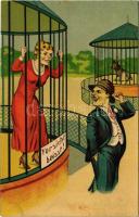 Vorsicht beisst! / Be careful, she bites! angry woman caged in the zoo, male chauvinist humour. HWB ...