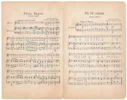 Prinz Eugen (osztrák népdal) - Föl, föl vitézek (Klapka induló). Zongorára alkalmazta Hetényi-Heidlberg Albert. Löbl D. és fia kiadása, 2-részes kihajtható kottás képeslap (hajtásnál szakadt / torn at fold)