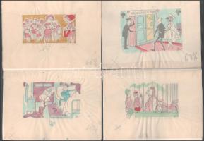 Szegő Gizi (1902-1985): 8 db karikatúra. Vegyes technika, papír, jelzett, mindegyik hátoldalán "Ludas Matyi Szerkesztősége"bélyegzővel. 15x21 cm