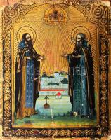 Ikon - Zoszima sztarec és Szent Szavvatij a Szoloveckij kolostor előtt, felül Szűz Mária ábrázolásával. Orosz ikonfestő, 19. sz. vége, tojástempera, fa, kis sérülésekkel, 18x14 cm