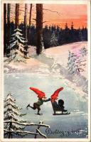 1926 Boldog Újévet / New Year greeting art postcard with dwarves, winter sport, ice skating, sled. B.K.W.I. 2785-5. (EK)