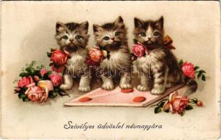 1944 Szívélyes üdvözlet névnapjára / Name Day greeting art postcard, cats with roses (ázott sarok / wet corner)