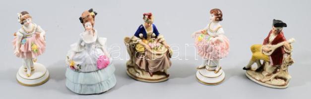 5 darab porcelán balerina, tároló, historizáló figura, közte jelzett, közte sérült, m: 12 cm alatt