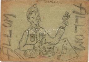1942 Egyedi, kézzel rajzolt második világháborús tábori postai levelezőlap, álmodozó katona. Tábori postahivatal 45. / Hand-drawn WWII Hungarian military field postcard, dreaming soldier (lyukak / pinholes)