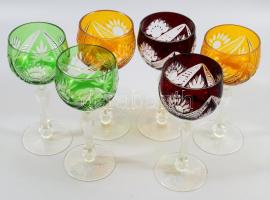 Multicolor színekkel pácolt kristály römer pohár garnitúra, 6 darab, jelzés nélkül, hibátlan, m: 17,5 cm