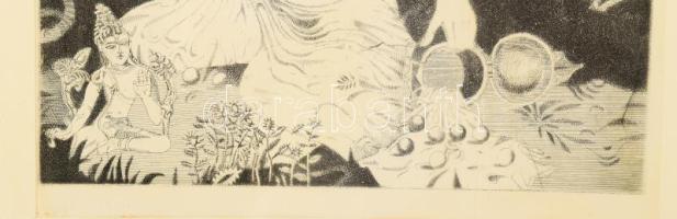 Horkay István (1945-): Szürrealista kép. Rézkarc, papír, jelzés nélkül. Apró folttal. Üvegezett fake...
