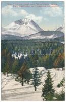 1916 Tátra, Magas-Tátra, Vysoké Tatry; A Ferenc József-csúcs Tátraszéplakról tekintve. Cattarino S. utóda Földes Samu kiadása 1913. 25. sz. Dr. Guhr felvétele / Franz Josef-Spitze von Tatraszeplak aus gesehen / mountain peak in winter viewed from Tatranska Polianka (ázott / wet damage)
