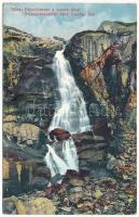 1916 Tátra, Magas-Tátra, Vysoké Tatry; Fátyolvízesés a Csorba-tónál. Cattarino S. utóda Földes Samu kiadása 1914. 210. sz. / Schleuer Wasserfall beim Csorba-See / Strbské pleso / waterfall near the lake (ázott / wet damage)