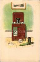 Mosdószekrény, csizma, hátoldalán Saád István Szent Rókus gyógyszertár reklámja / washbasin, boots, with Hungarian advertisement on the backside. litho (EK)