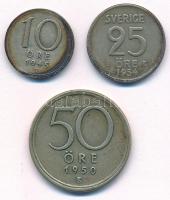 Svédország 1945. 10ö billon + 1954. 25ö billon + 1950. 50ö billon T:XF,VF,patina Sweden 1945. 10 Öre billon + 1954. 25 Öre billon + 1950. 50 Öre billon C:XF,VF,patina Krause KM#813, KM#824, KM#817