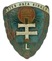 ~1930-1940. "Isten-Haza-Király" zománcozott bronz Levente sapkajelvény (42x34mm) T:F, zománchibák, hátul a rögzítőpánt hiányzik