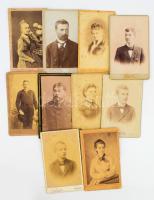 cca 1870-1900 Férfi és női portrék, 10 db vizitkártya, klf. műtermekből (Kozics Ede, Pozsony; Ravasz Imre, Arad; Becske A., Veszprém; Kolics József, ill. Halász Anna, Budapest; stb.), változó állapotban, 11x6,5 cm körül