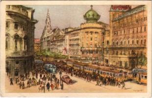 1957 Budapest VII. Lenin (Erzsébet) körút és Rákóczi út sarkán, villamos, autóbusz, automobil. Képzőművészeti Alap Képcsarnoka s: Zádor István (EK)