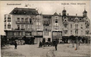 Szatmárnémeti, Satu Mare; Deák tér, Városi bérpalota, Ösztreicher palota, Fonciere pesti biztosító intézet főügynöksége, Borgida Miklós, Weisz Izsák, Perlstein Ignác, Fried Salamon üzlete, Közvetítő bank, Szalon kávéház. Lövy kiadása / square, palaces, shops, cafe, insurance company, bank (felületi kopás / worn surface)