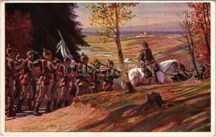 Hinaus in die Ferne. Verein für das Deutschtum in Ausland. Volksliederkarte Nr. 33. / WWI German military art postcard s: Paul Hey (EK)