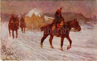 Előőrsön. A M. kir. honvédelmi minisztérium hadsegélyező hivatala kiadása / WWI Austro-Hungarian K.u.K. military art postcard, outpost, support fund s: Lengyel Reinfuss (EK)