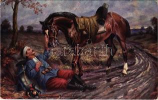 Én el nem hagylak / Uznertrennliche Freunde / WWI K.u.K. military art postcard, dying soldier with his horse. O.K.W. 4005.