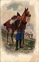 K.u.K. military art postcard, soldier with his horse. B.K.W.I. 829-18. (szakadás / tear)
