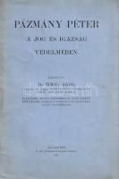 Timon Ákos:  Pázmány Péter a jog és igazság védelmében. Budapest, 1921. M. Kir. Tudományegyetemi Nyomda. 41 + [1] p. Egyetlen kiadás. Timon Ákos (1850-1925) jogtörténész, a Pázmány Péter Tudományegyetem dékánja, az 1921/1922-es tanévtől kezdve rektora. Katolikus szellemben megfogalmazott Pázmány-dolgozata az egykori esztergomi érseket, mint a jogfolytonosság valódi szakértőjét méltatja. A méltató beszéd az 1921/1922-es tanév évnyitó ünnepélyén hangzott el. Fűzve, enyhén foltos kiadói borítóban. Jó példány, ritka könyv.