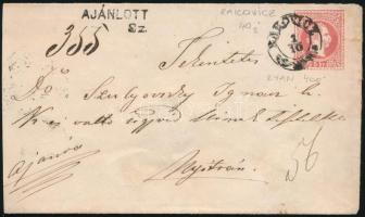 1870 PS-cover with additional franking sent as a registered cover "RAKOVICZ" - "NYITRA" Ex Ryan, 1870 10kr 5kr díjjegyes borítékon ajánlott levélként "RAKOVICZ" - "NYITRA" Ex Ryan