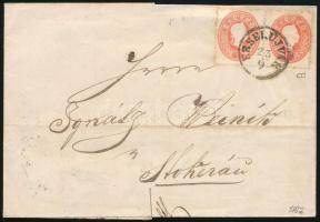 1862 5kr pair on cover "ÉRSEKÚJVÁR" - "STOKERAU", 1862 5kr pár levélen "ÉRSEKÚJVÁR" - "STOKERAU"