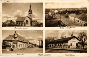 1935 Budapest XVIII. Pestszentimre, Református templom, látkép a községházával, utca részlet, vasútállomás